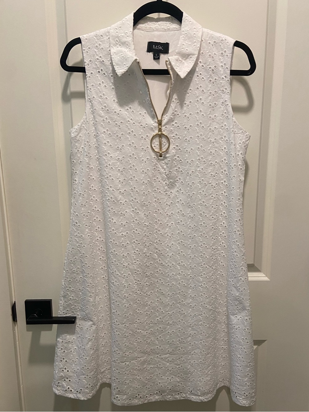 MSK White Collared Eyelet Dress with Front Zip NWOT